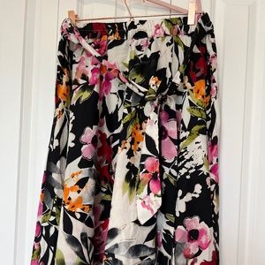 Black Colorful Floral Midi Skirt with Bow